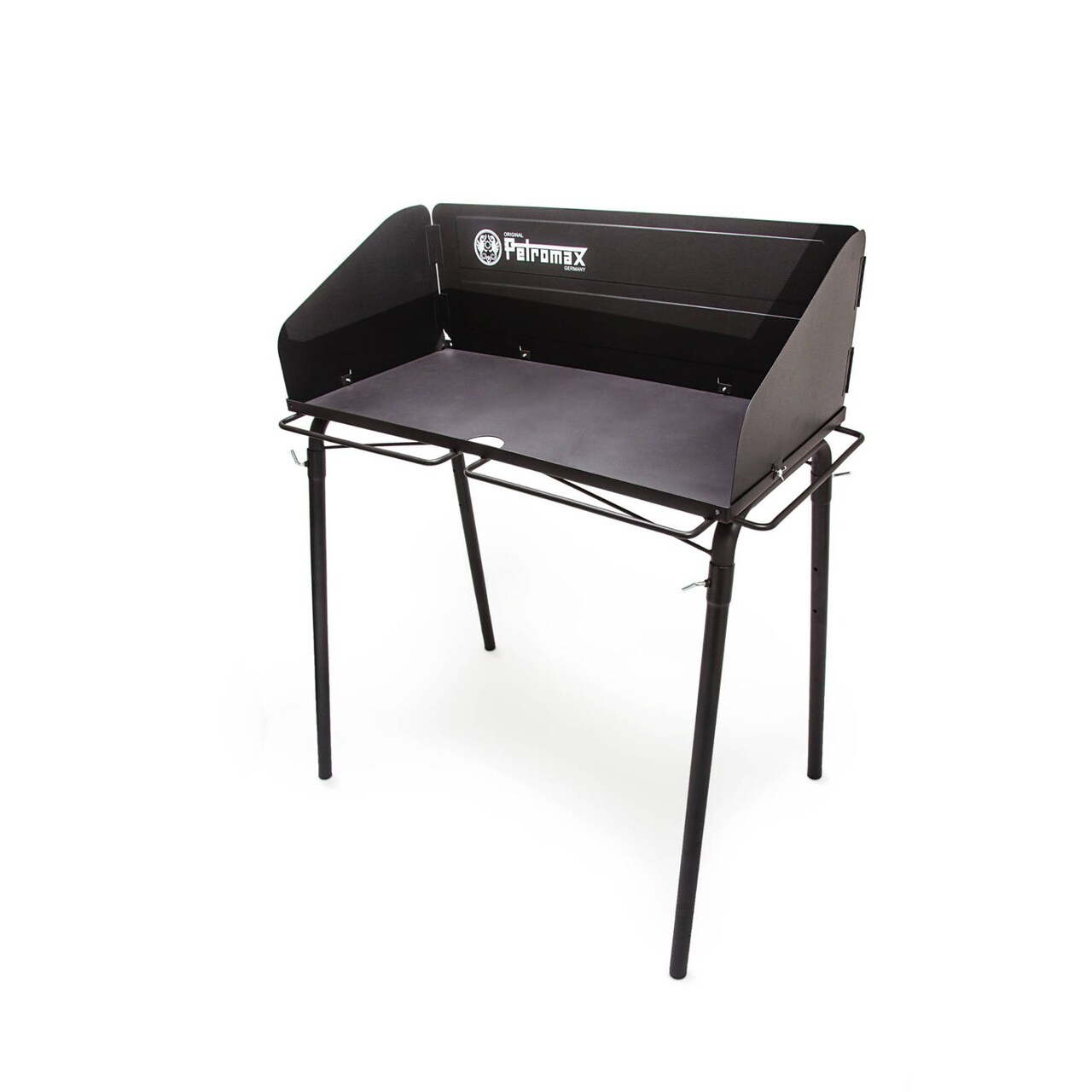 Petromax Outdoor Cooking Table for Dutch Ovens, Steel Camping Cookware Stand with Windbreak and Hooks, Holds Up to 220 Pounds, 17.7" x 35.4"